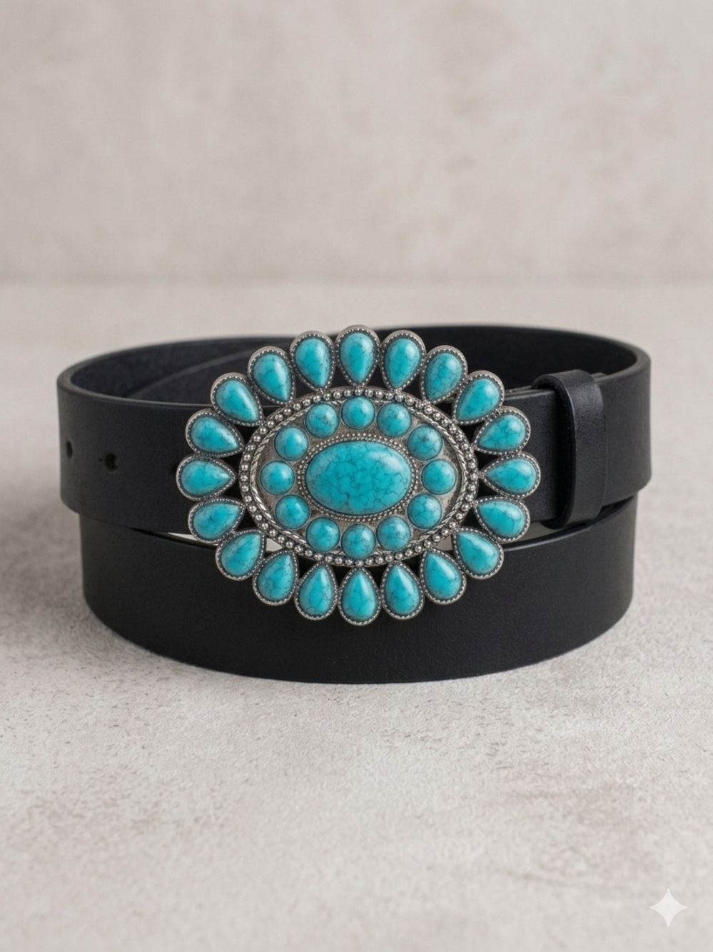 Turquoise Concho Oval Belt - Black suede like material L/XL 41.5 “